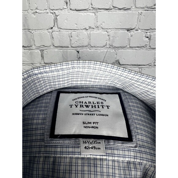 Charles Tyrwhitt Dress Shirt Mens 16 1/2-35 Slim Fit Blue,White Plaid Non-Iron - Picture 6 of 6